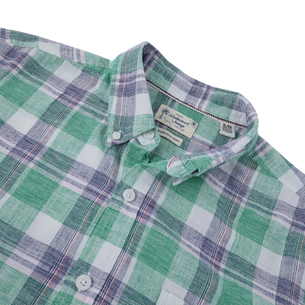 Weatherproof Vintage Mens Green Plaid Washable Linen Short Sleeve Button Down XL